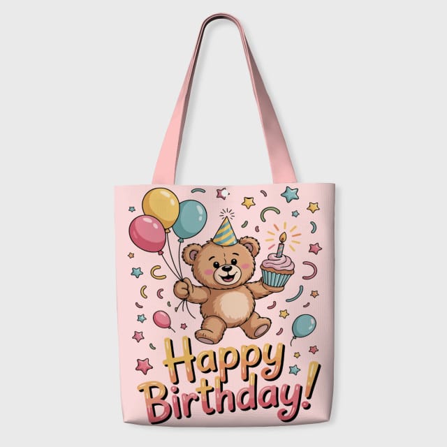 Cute Happy Birthday Teddy Bear Tote Bag for Gifts & Daily Use