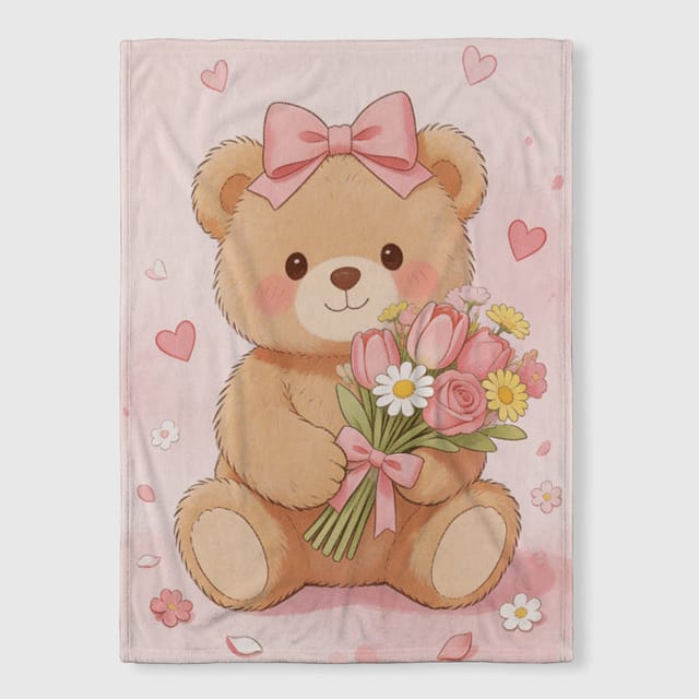 Cute Teddy Bear Fleece Blanket for Her Valentine Gift