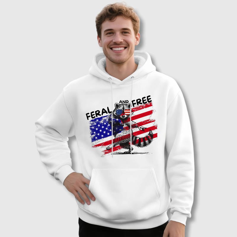 Patriotic Raccoon USA Flag Pullover Hoodie for Men Casual Use