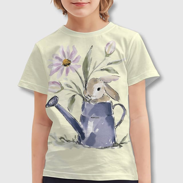 Floral Bunny Watering Can Kids Tee for Easter Gifts