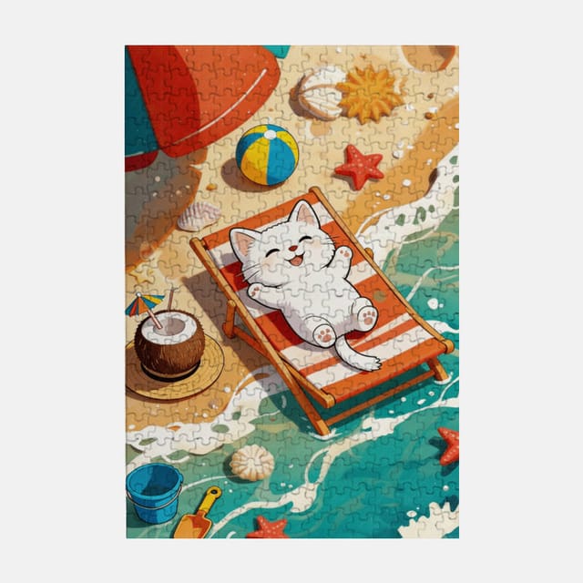 Cute Beach Cat 300 Piece Puzzle for Cat Lovers Summer Gift