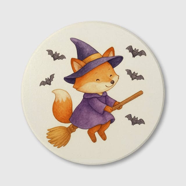 Cute Witch Fox Ceramic Coaster for Halloween Home Decor