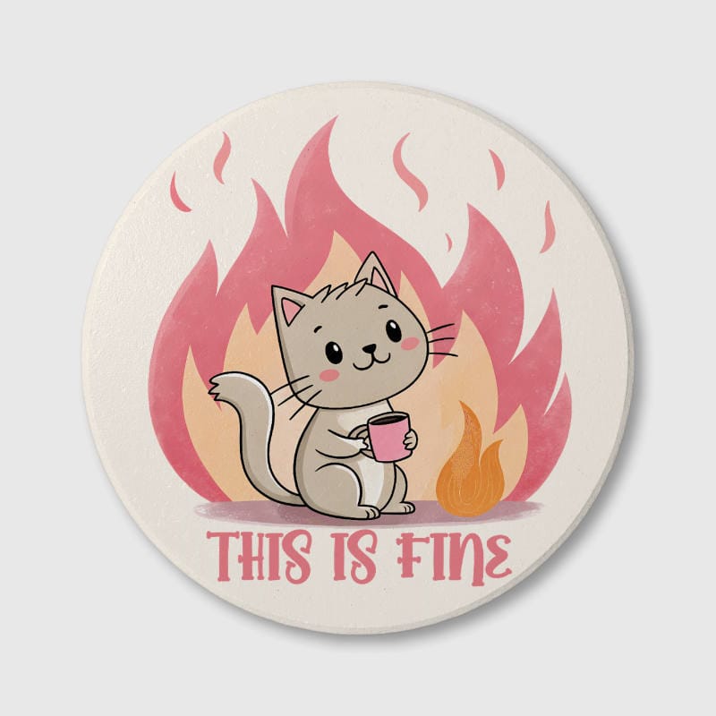 Funny 'This Is Fine' Cat Ceramic Coaster for Pet Lovers Gift