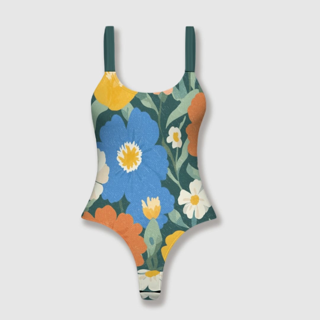 Retro Floral Thong One Piece Bodysuit for Women Summer Beach Wear - 1