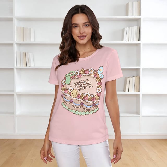 Cute Spring Girlie Cake Print Women's T-Shirt for Daily Wear