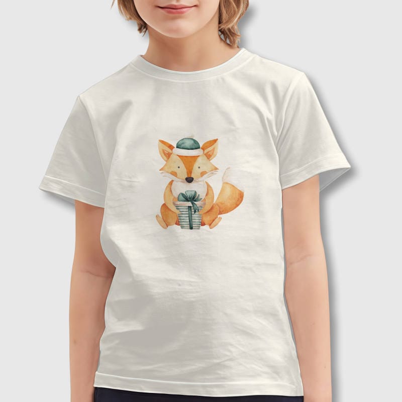 Watercolor Christmas Fox Kids Short Sleeve T-Shirt for Holiday Wear