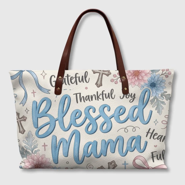 Floral Blessed Mama PU Tote Bag for Mom Daily Use