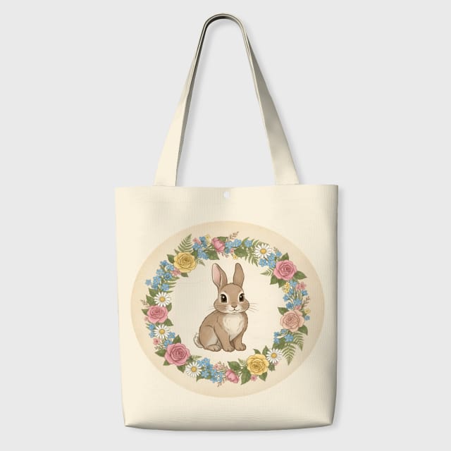 Floral Bunny Canvas Tote Bag for Rabbit Lovers Daily Use