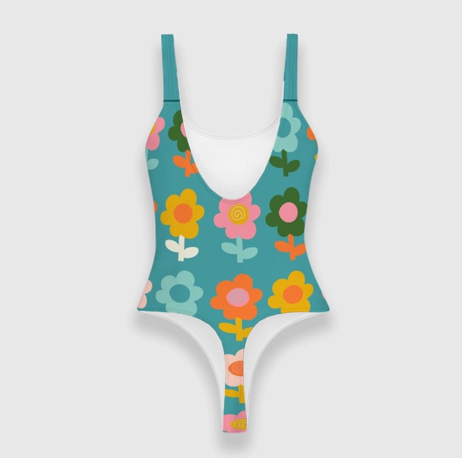 Retro Floral Thong One-Piece Swimsuit for Women Summer Wear