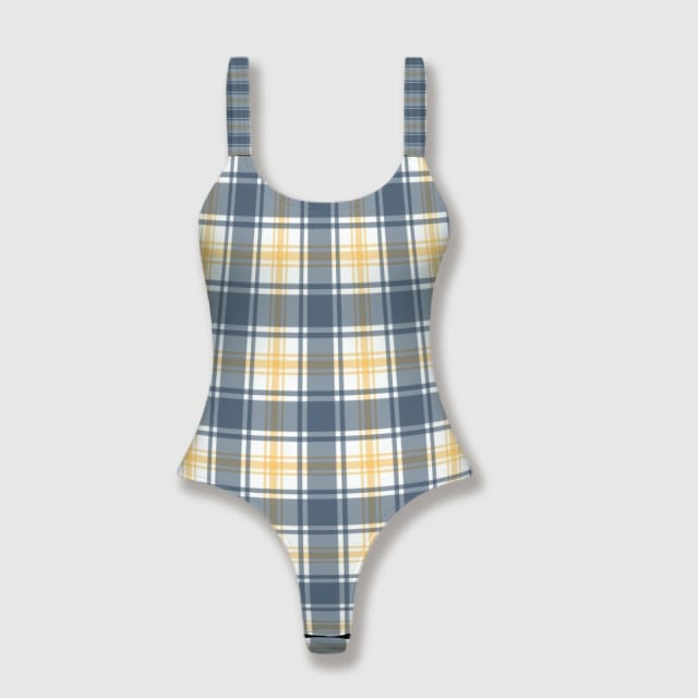Blue Yellow Plaid One-Piece Swimsuit for Women Beach Wear