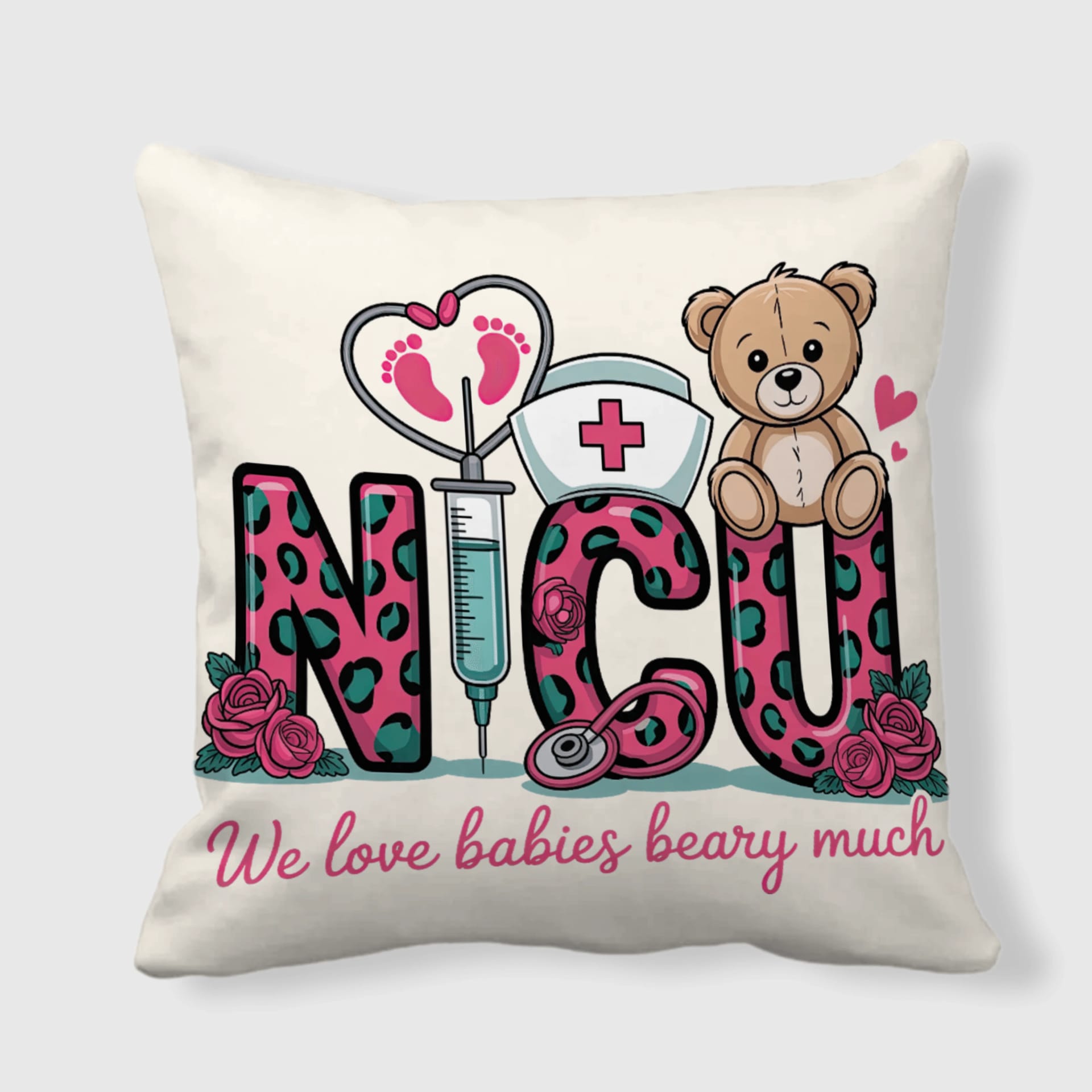NICU Leopard Teddy Throw Pillow for Nurses Gift