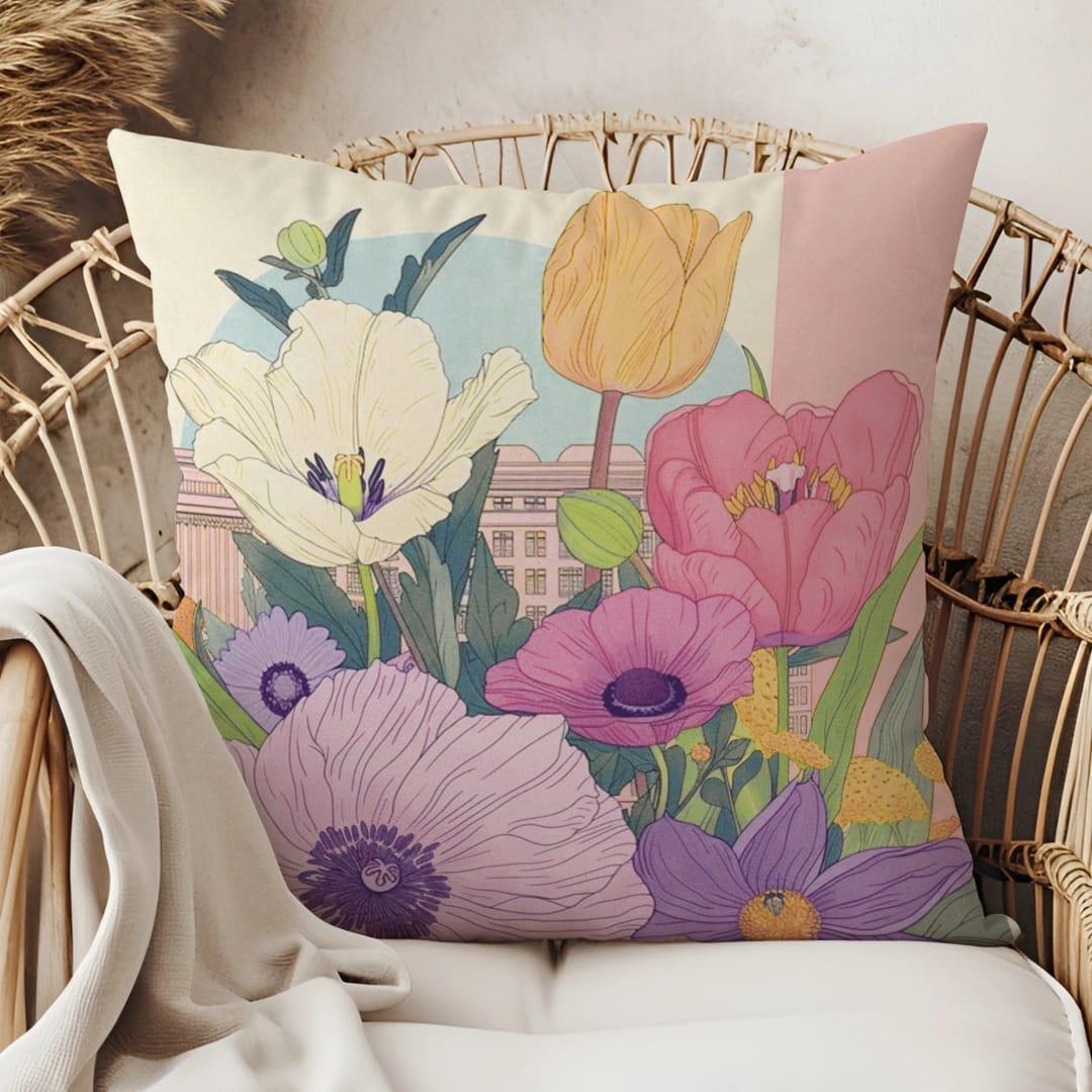 Custom Floral Cityscape Double-Sided Satin Pillow - 1