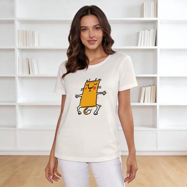 Funny Doodle Cat Crewneck T-Shirt for Cat Lovers Daily Use