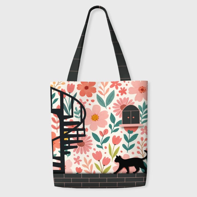 Floral Black Cat Canvas Tote Bag for Cat Lovers Daily Use & Gifts