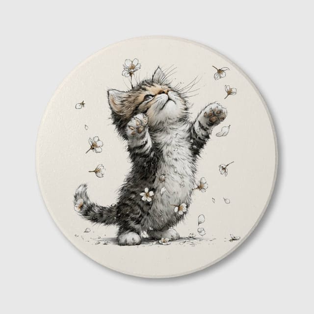 Floral Tabby Kitten Ceramic Coaster for Pet Lovers Daily Use