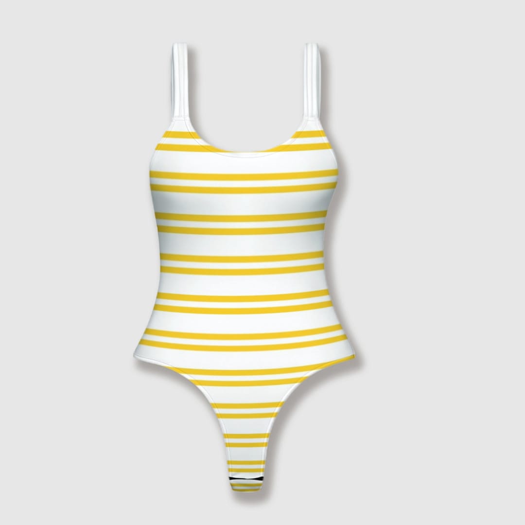 Yellow Stripe One Piece Bodysuit for Women Summer Beach Wear - 1