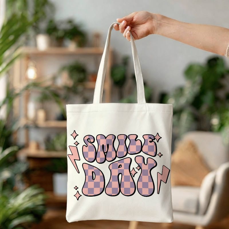 Retro Checkered Smile Day Tote Bag for Her Daily Use