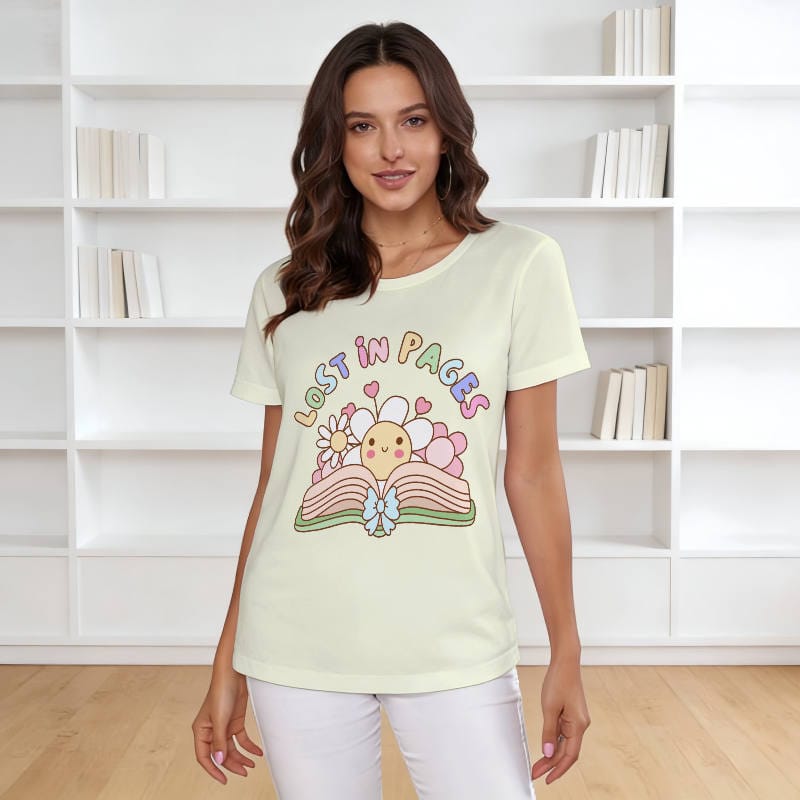 Cute Floral Book Print T-Shirt for Book Lovers Daily Use