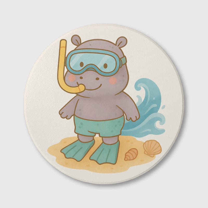 Cute Snorkel Hippo Ceramic Coaster for Animal Lovers Gift