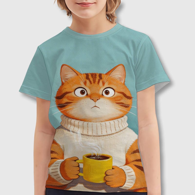Cute Orange Cat Kids Short Sleeve Tee for Pet Lovers Daily Use