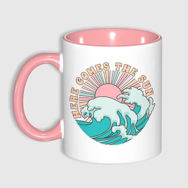 Retro 'Here Comes The Sun' 11oz Pink Mug for Summer Gift