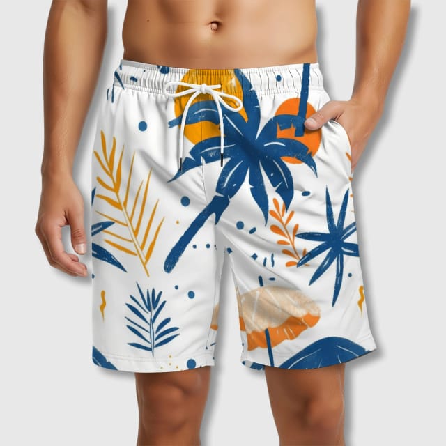 Tropical Palm Print Swim Trunks for Men Summer Beach Wear