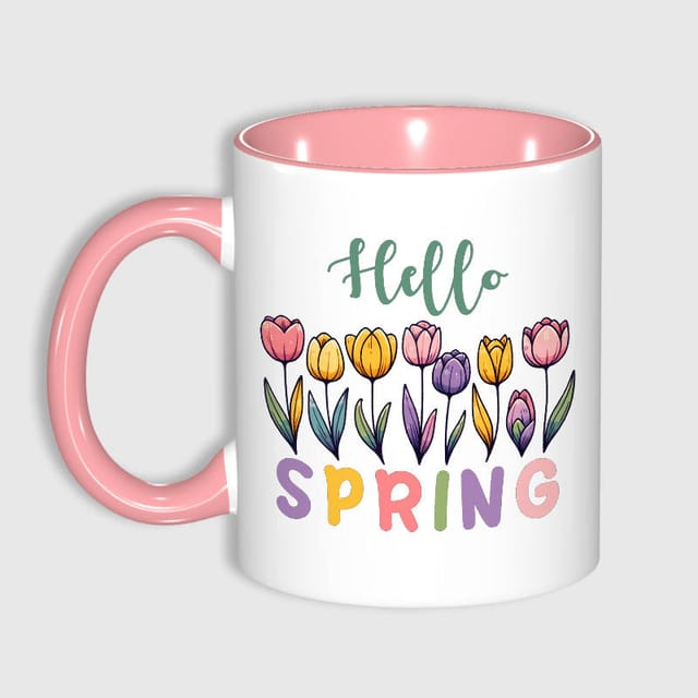 Hello Spring Tulip Floral 11oz Pink Mug for Mom Spring Gift