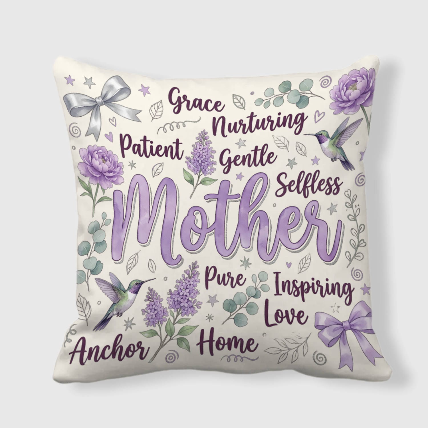 Purple Floral Hummingbird Throw Pillow for Mom Mother's Day Gift