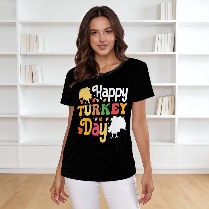 Happy Turkey Day Graphic Tee for Women Thanksgiving Gift