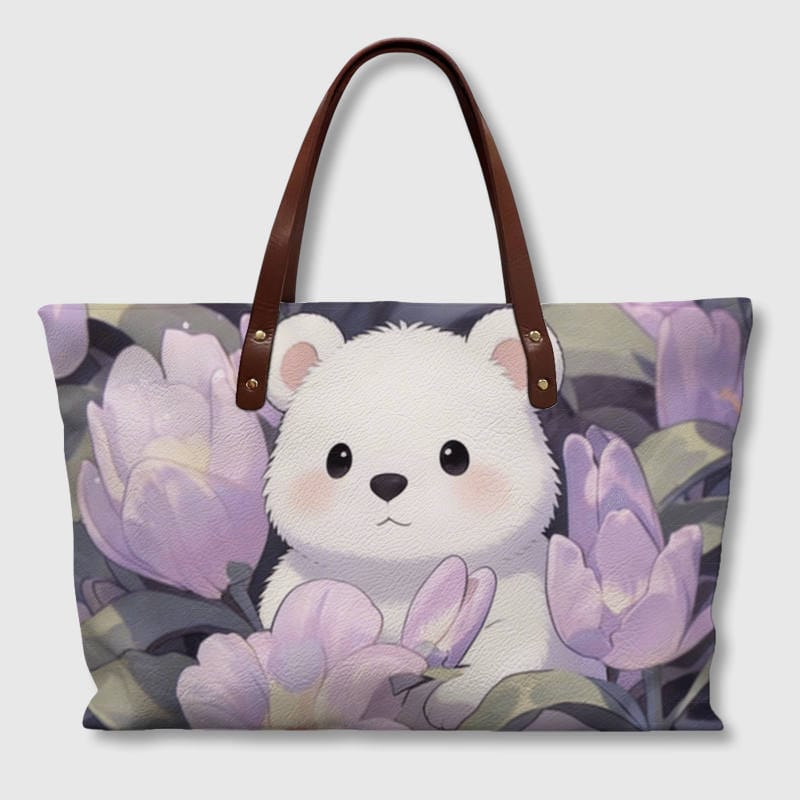 Cute White Bear Floral Tote Bag for Animal Lovers Gift