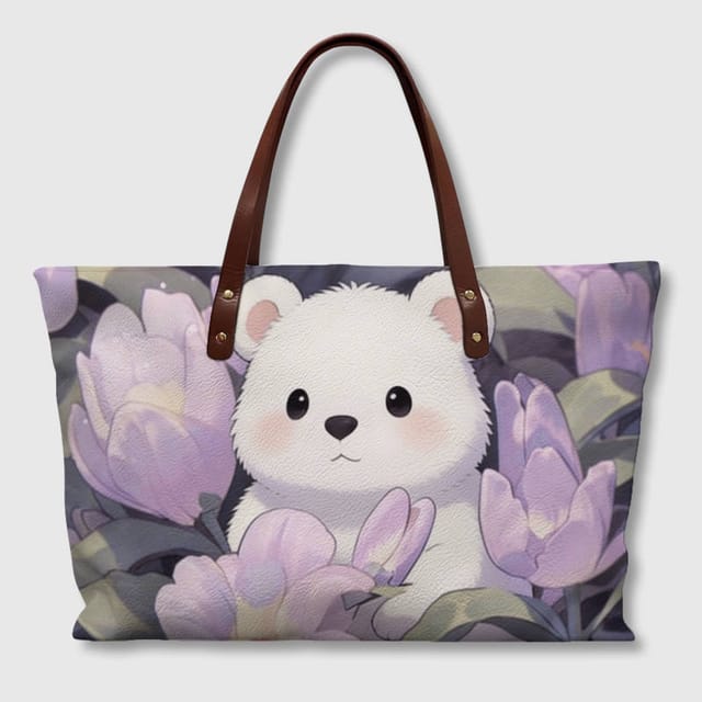 Cute White Bear Floral Tote Bag for Animal Lovers Gift