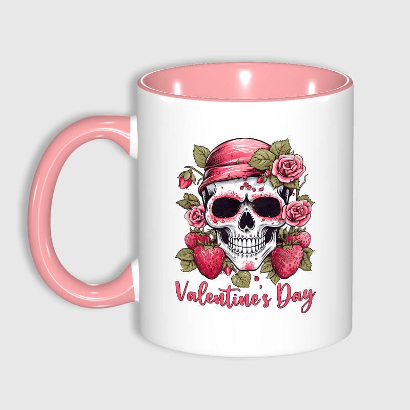 Floral Strawberry Skull Pink Mug for Gothic Valentine Gift