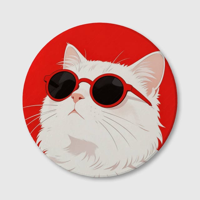 White Cat Retro Sunglasses Ceramic Coaster for Pet Lovers