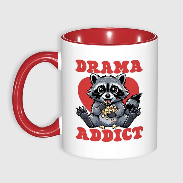 Funny Raccoon Drama Addict Red Accent Mug for Gossip Lovers