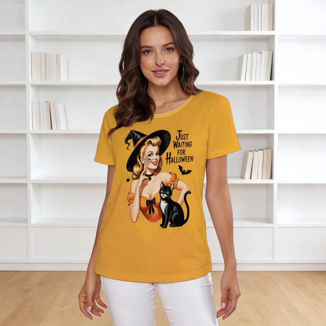 Retro Witch Black Cat Women's T-Shirt for Halloween Outfit