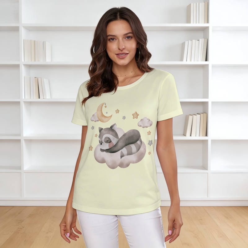 Watercolor Sleeping Raccoon T-Shirt for Women Daily Wear