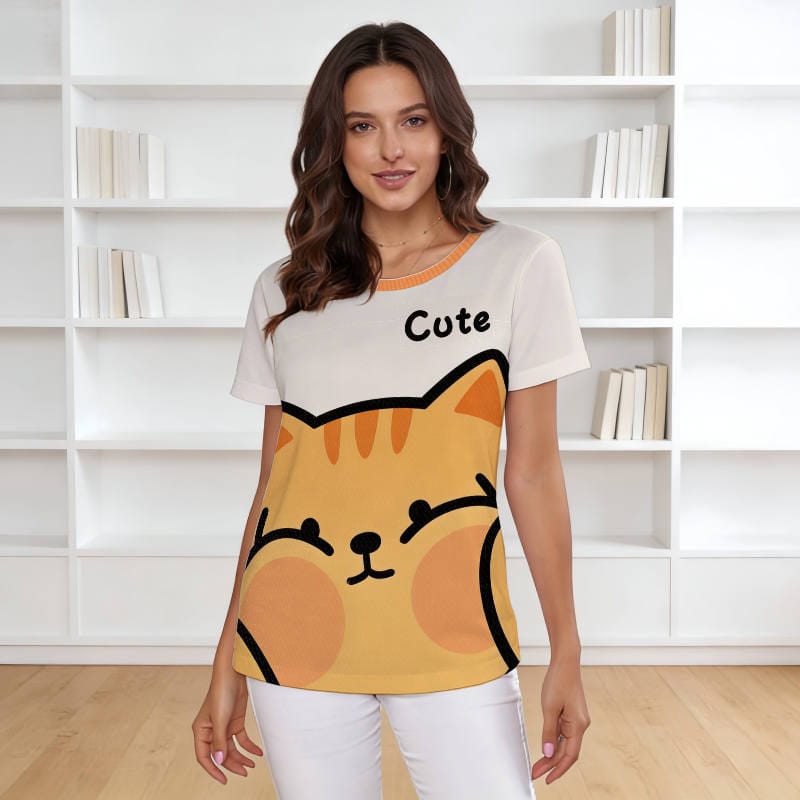 Cute Orange Cat Short Sleeve T-Shirt for Cat Lovers Daily Use