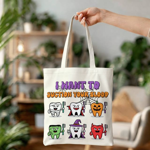 Funny Halloween Dental Teeth Tote Bag for Dentist Gift