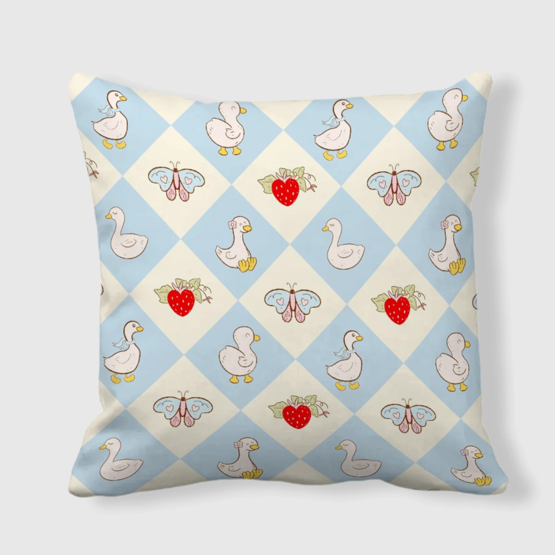 Argyle Duck Strawberry Throw Pillow for Duck Lovers Home Decor