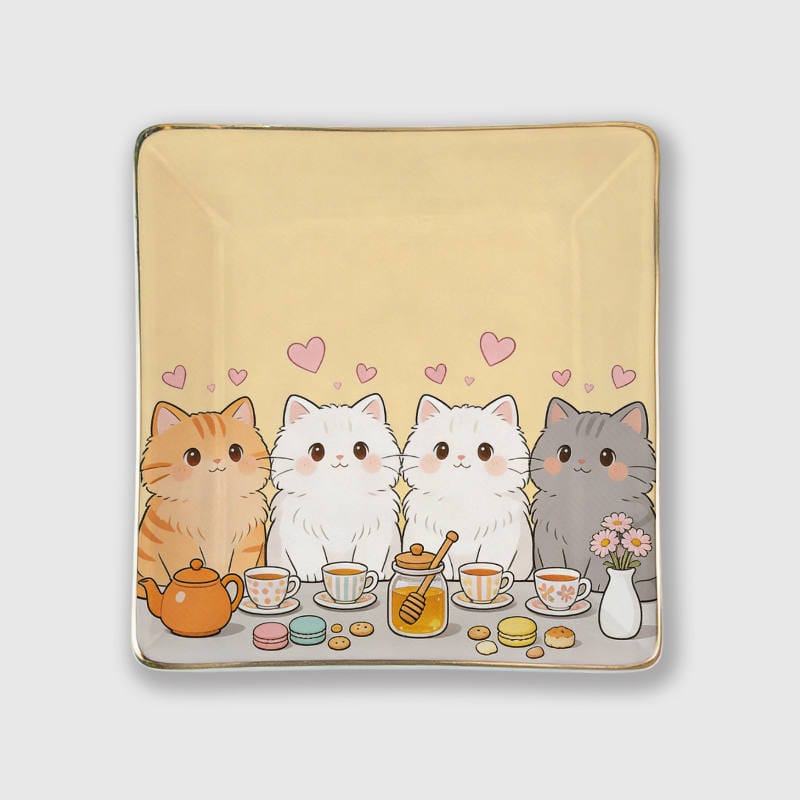 Cute Cat Tea Party Ceramic Jewelry Tray for Cat Lovers Gift