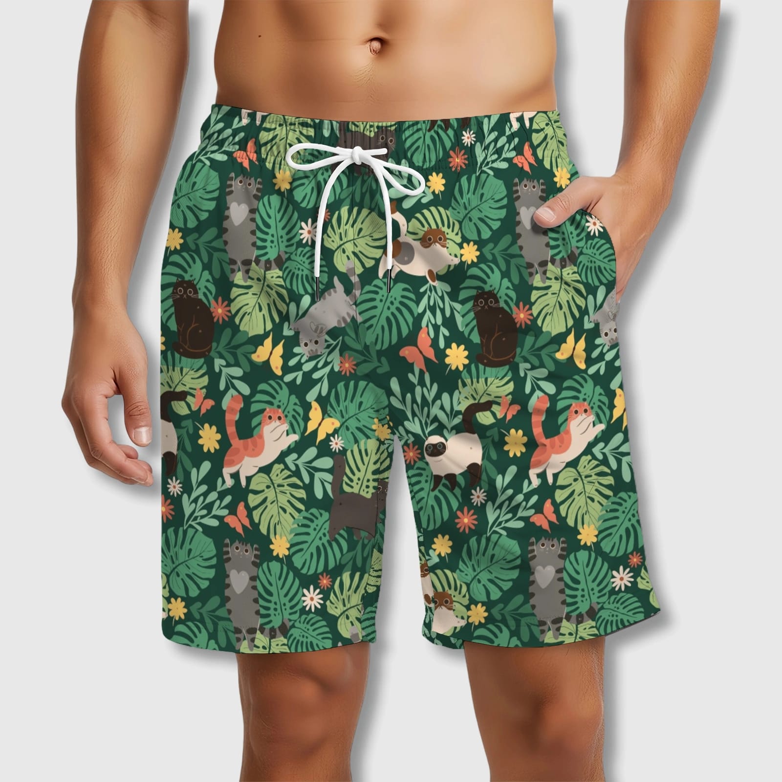 Tropical Cat Print Swim Trunks for Cat Lovers Summer Wear