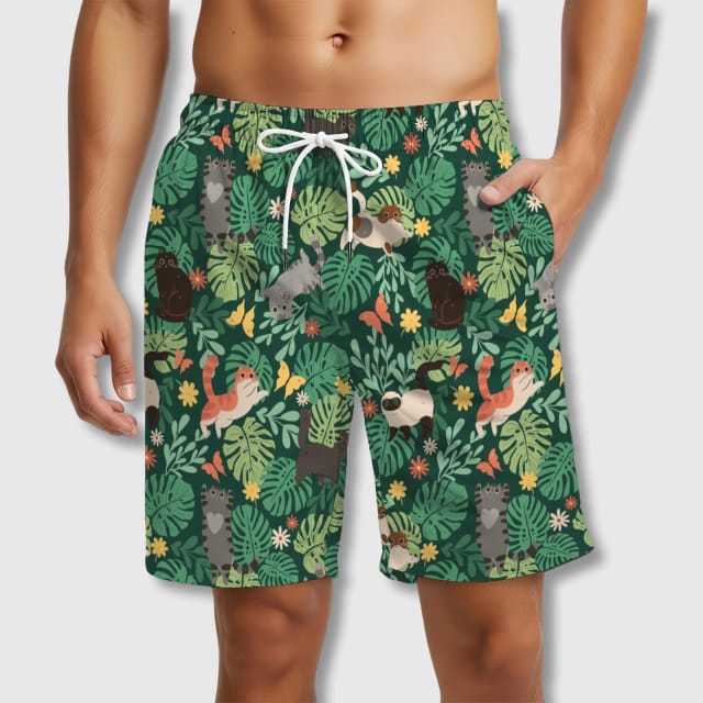 Tropical Cat Print Swim Trunks for Cat Lovers Summer Wear