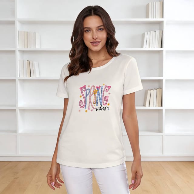 Spring Vibes Print Short Sleeve T-Shirt for Women Daily Wear
