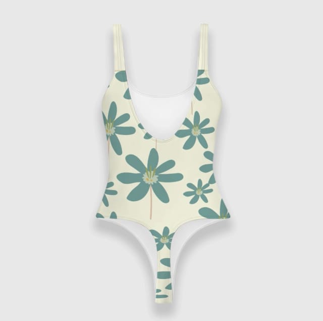 Teal Floral Thong One Piece Bodysuit for Women Summer Wear