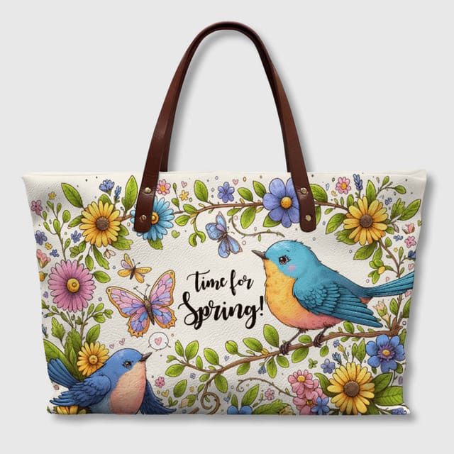 Spring Bluebird PU Leather Tote Bag for Women Gift