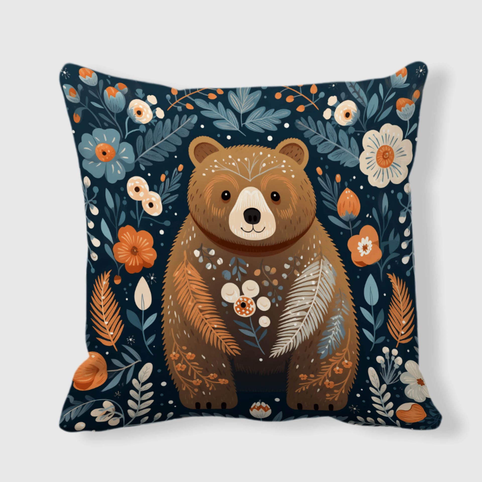Brown Bear Floral Throw Pillow for Animal Lovers Decor