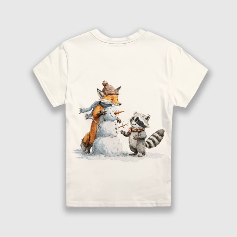 Fox Raccoon Snowman Kids T-shirt for Winter Casual Wear