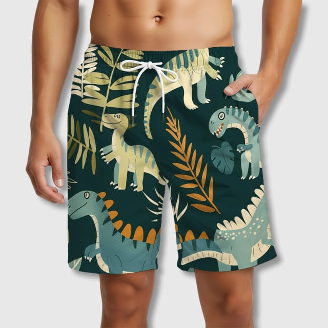 Cute Dinosaur Print Beach Shorts for Men Summer Vacation