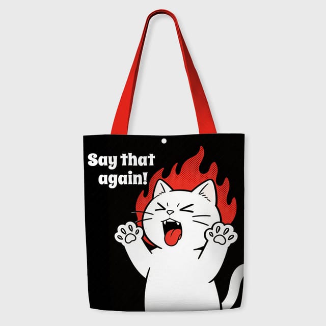 Funny Angry Cat Polyester Tote Bag for Cat Lovers Daily Use