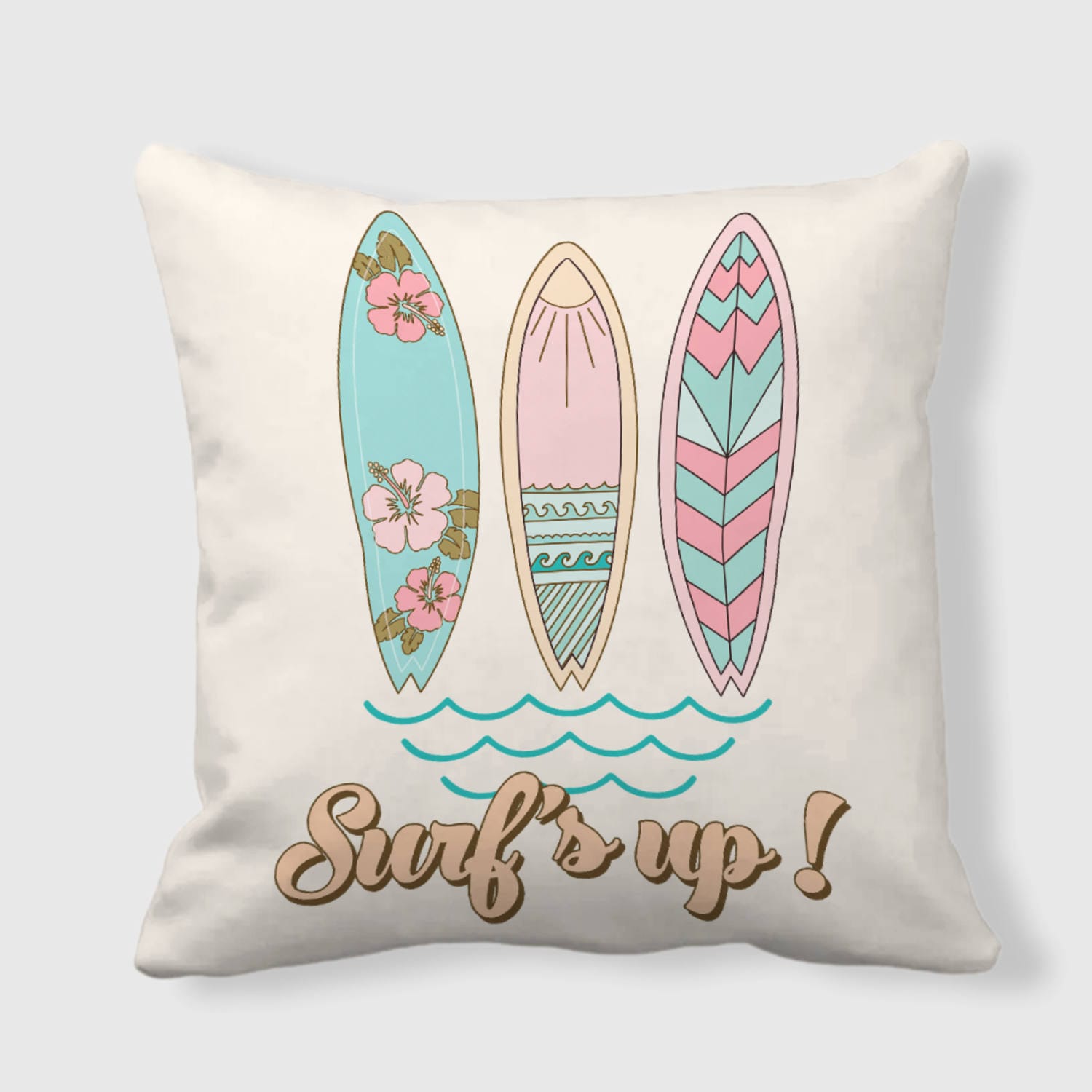 Boho Surfboard Hibiscus Throw Pillow for Surf Lovers Summer Decor